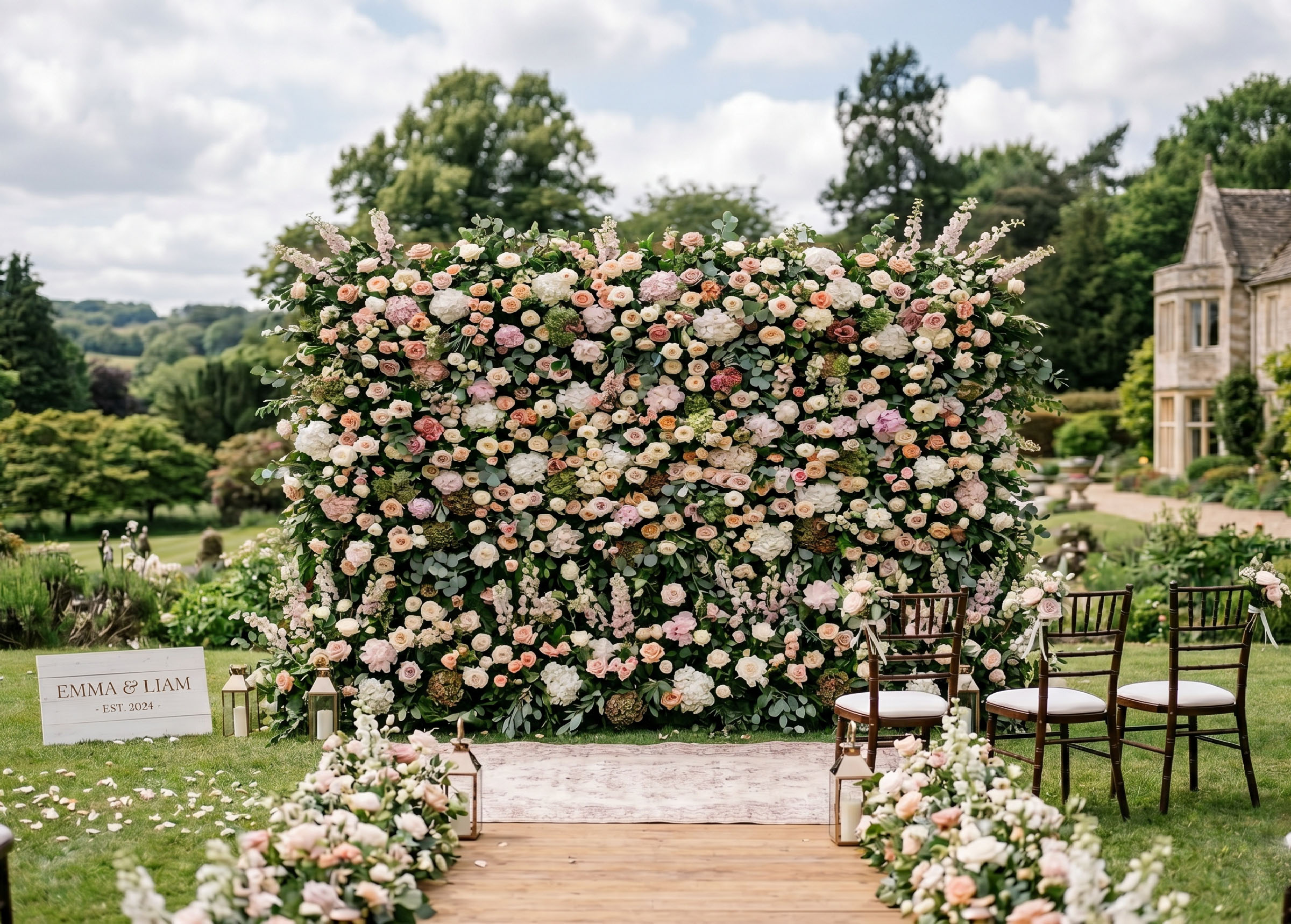 Large group photo against an 11x8 ft flower wall backdrop