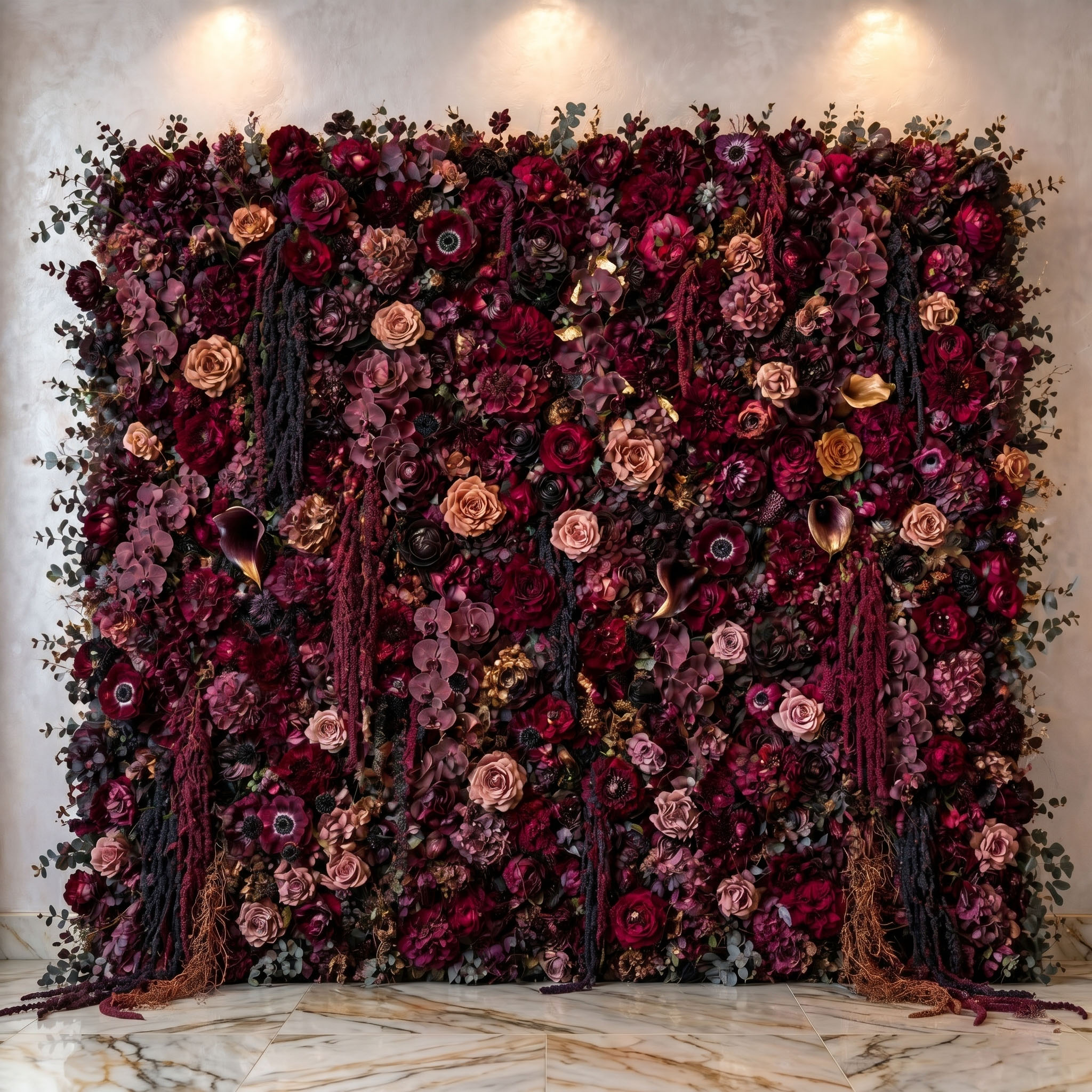 Midnight Bloom dark moody burgundy Real Touch flower wall — FLORINSKY Atelier
