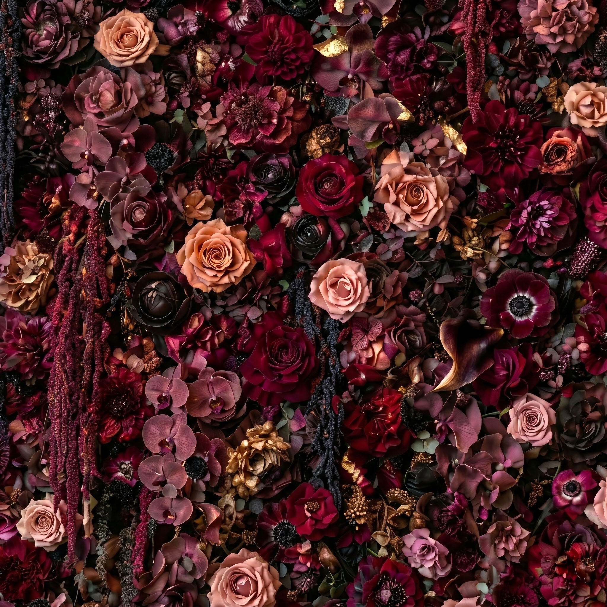 Close-up of burgundy, plum and dusty rose Real Touch flowers with gold calla lilies