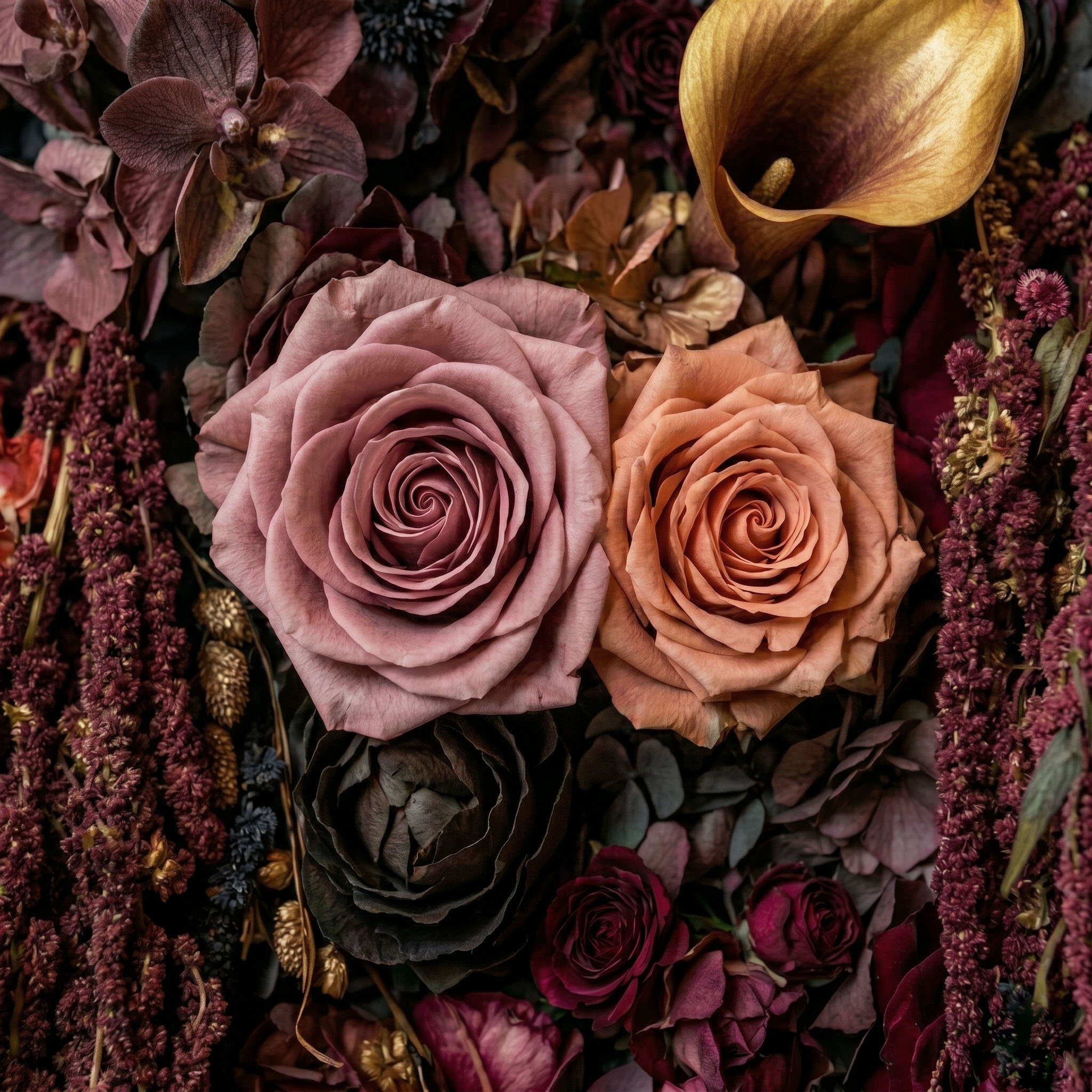Dark red rose flower wall with black roses and gilded accents