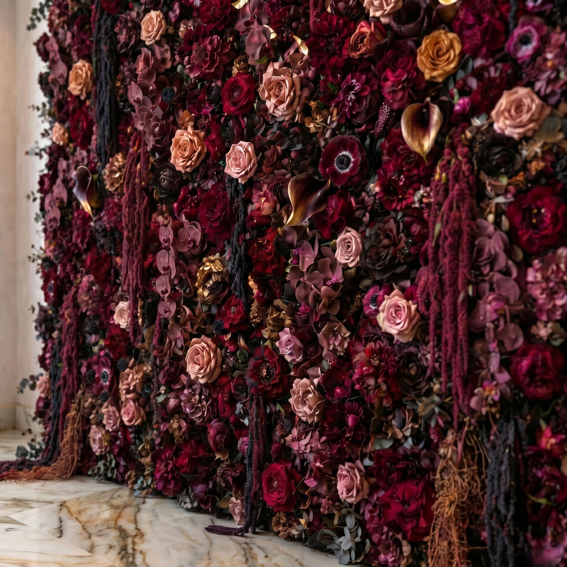 Full burgundy flower wall backdrop styled against marble for a GTA event
