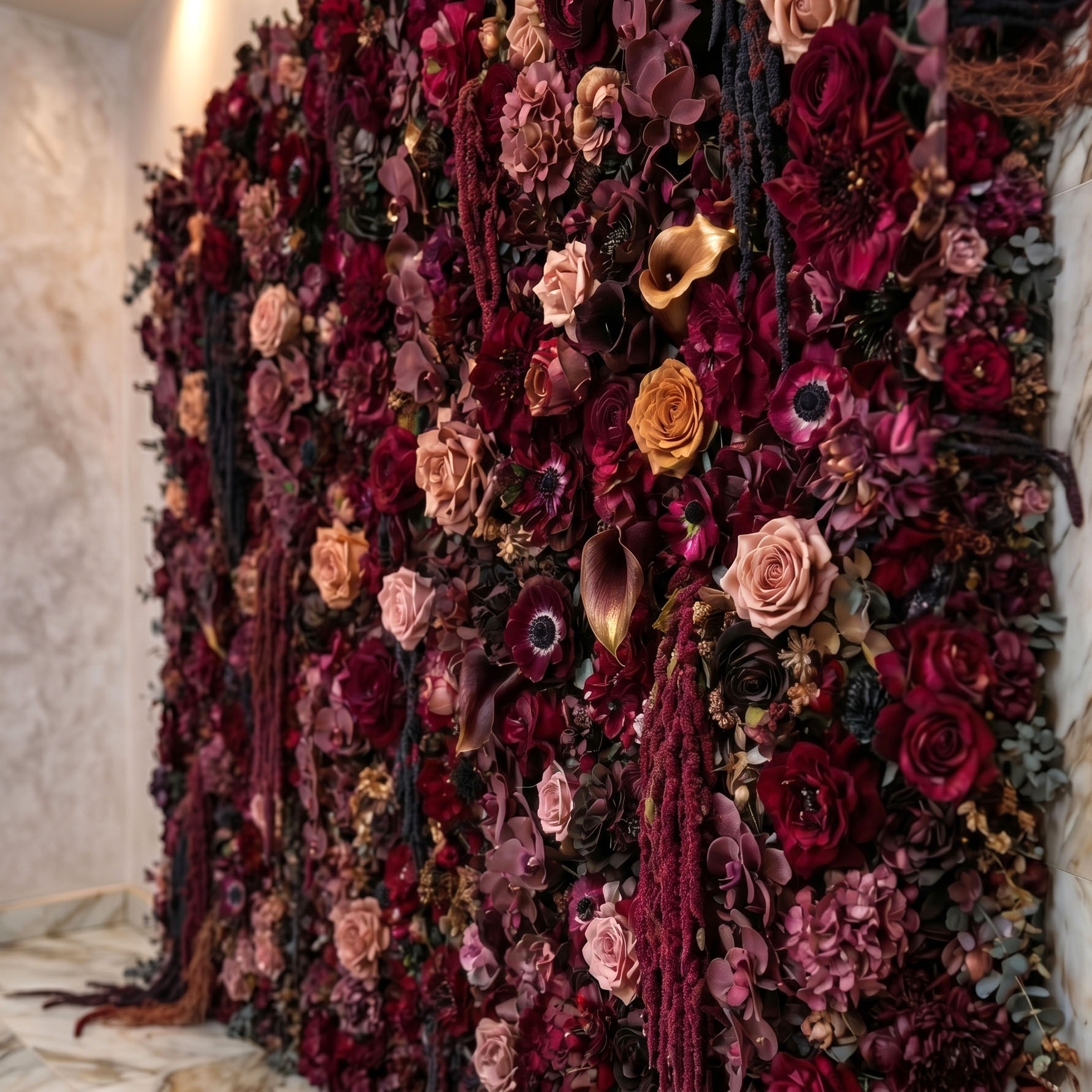 Red rose flower wall backdrop Toronto — Real Touch dark burgundy FLORINSKY