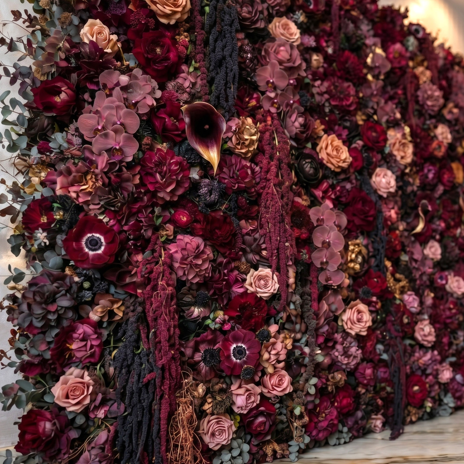 Midnight Bloom burgundy flower wall outdoor event backdrop GTA