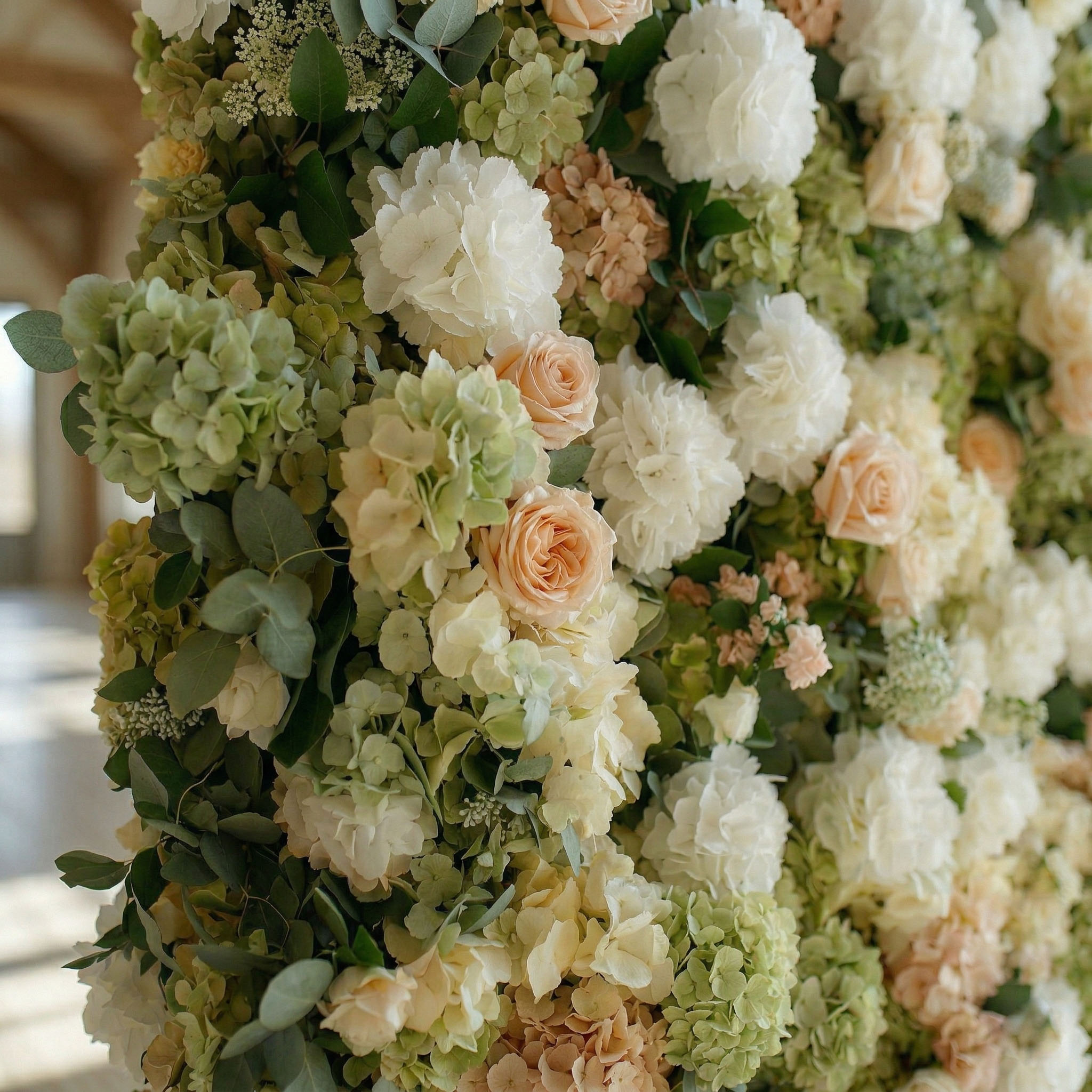 English Garden sage green flower wall — outdoor garden wedding backdrop in Toronto