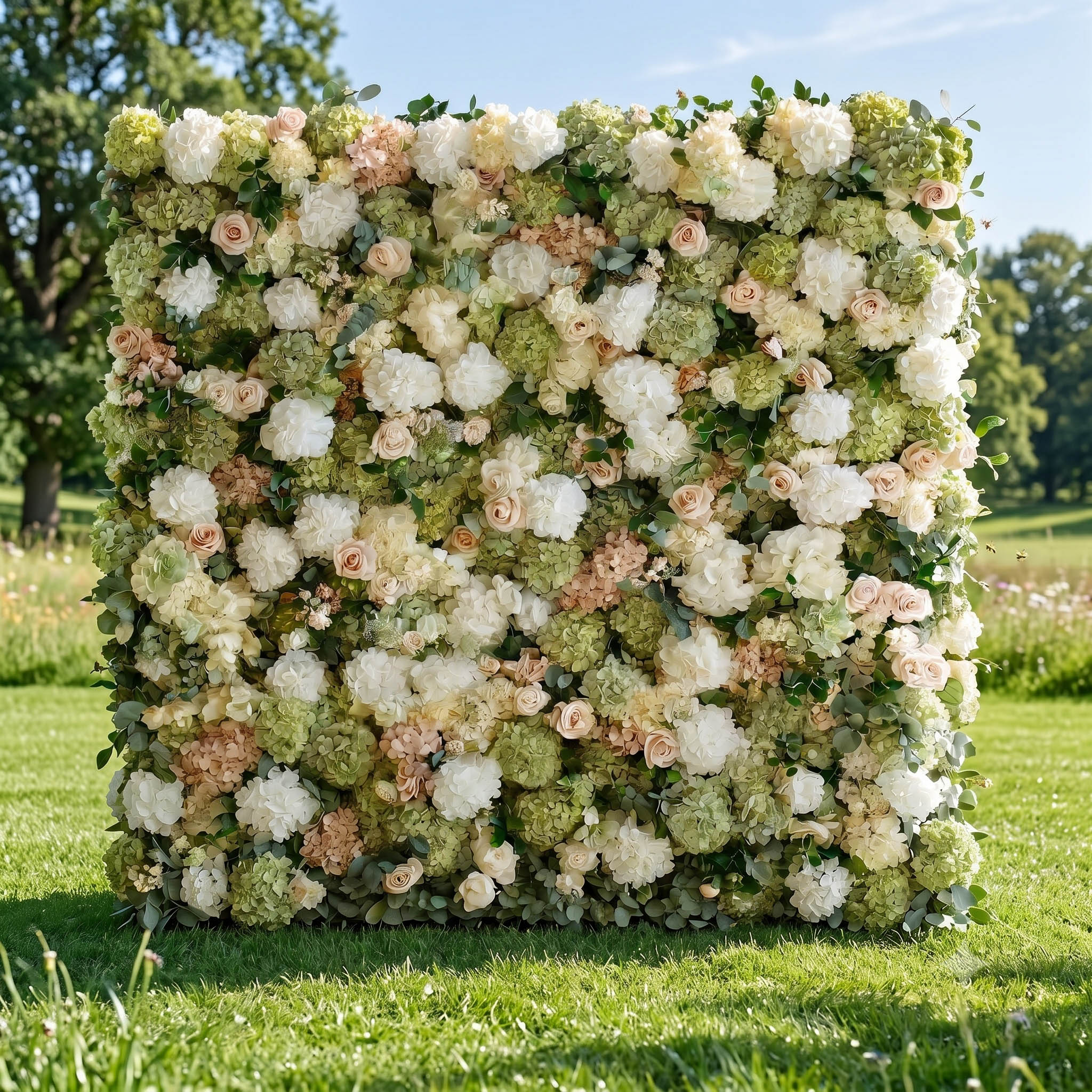 Green Real Touch flower wall rental with eucalyptus and white hydrangea — FLORINSKY GTA