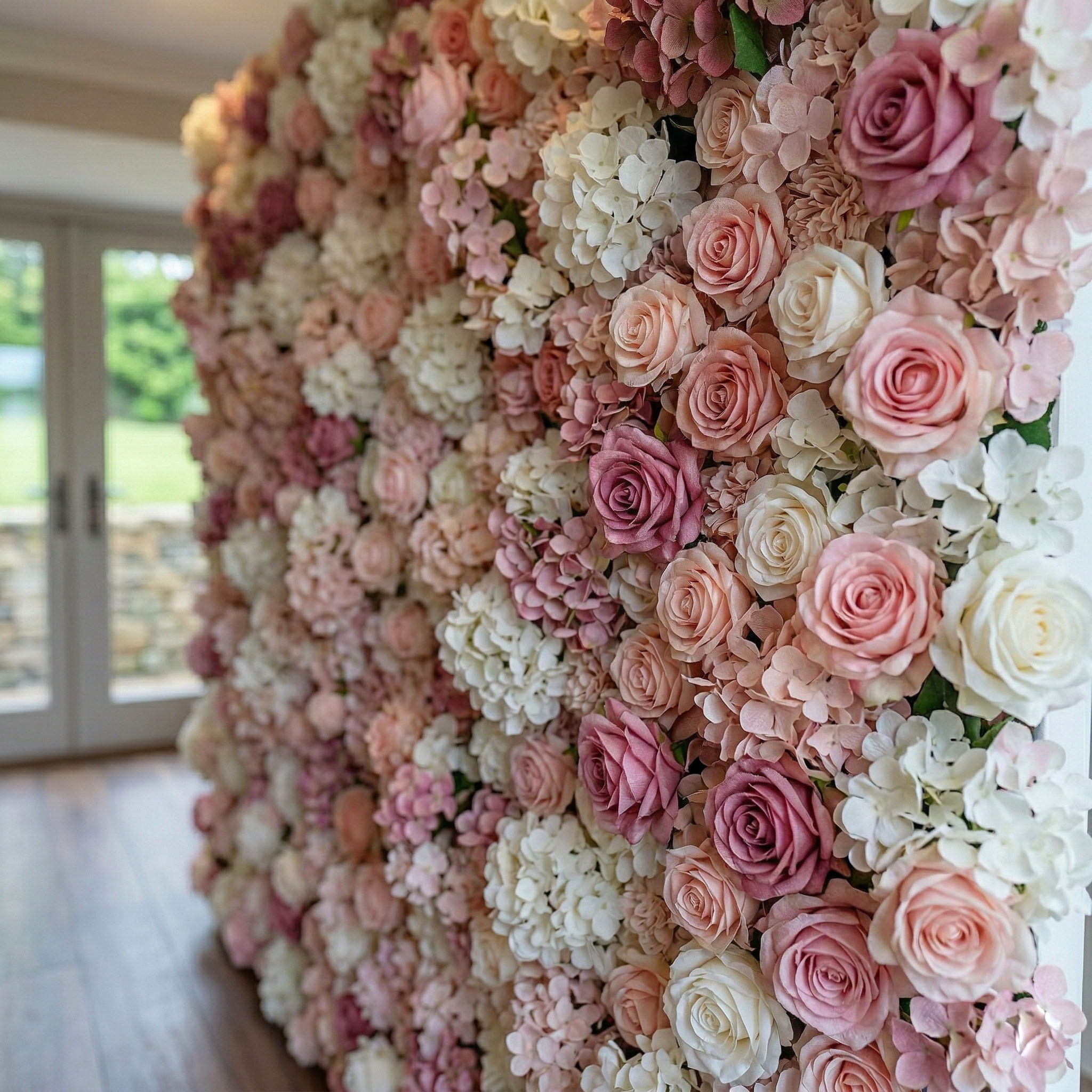 Blush Cascade pink flower wall — full view for bridal shower Toronto