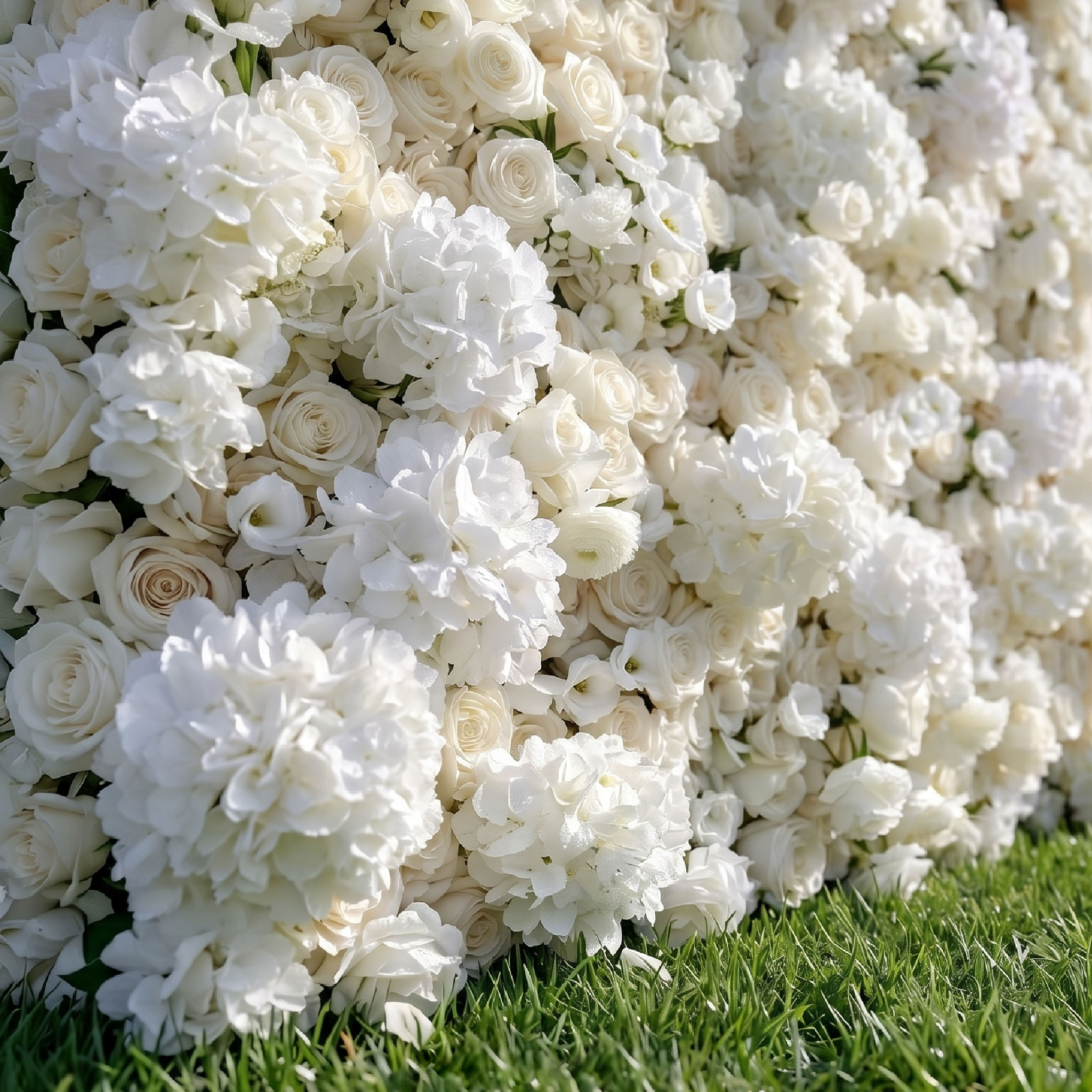 Ivory and white hydrangea flower wall in warm daylight