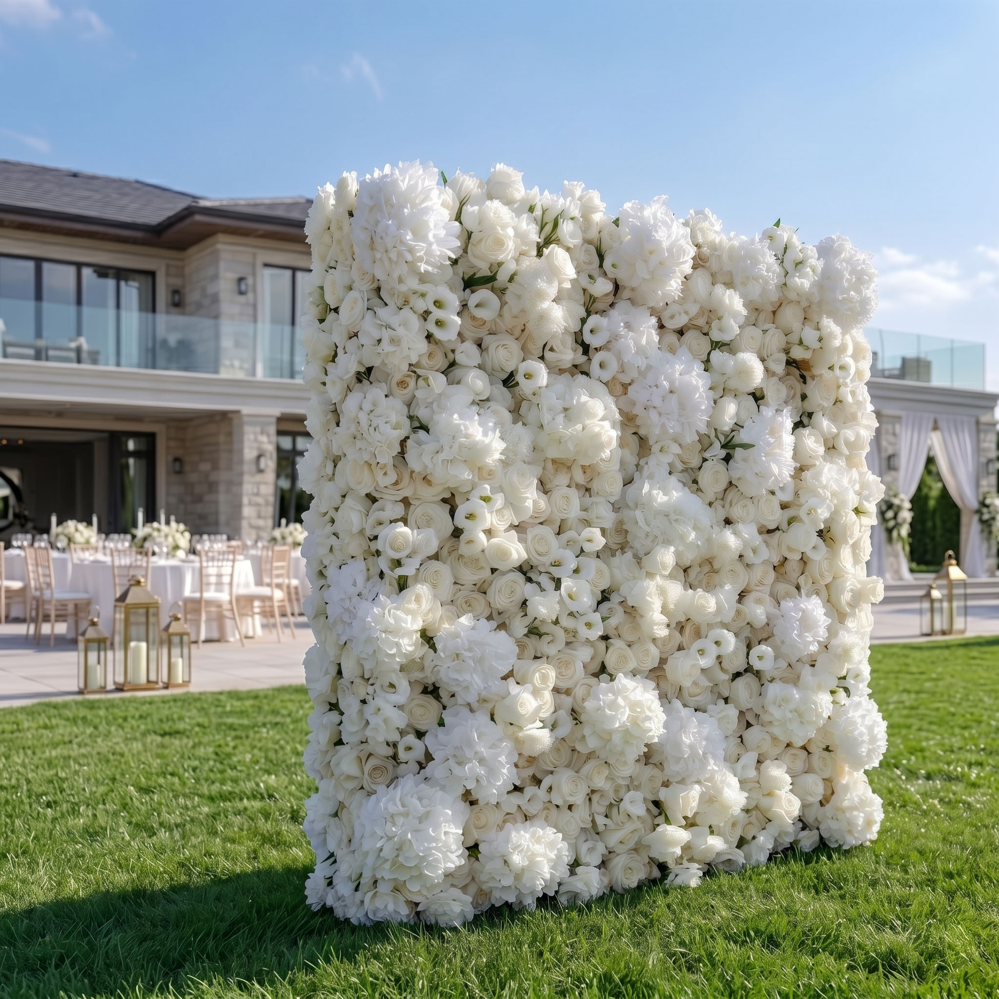 Pure Ivory all-white flower wall backdrop — Real Touch rental for GTA weddings and showers